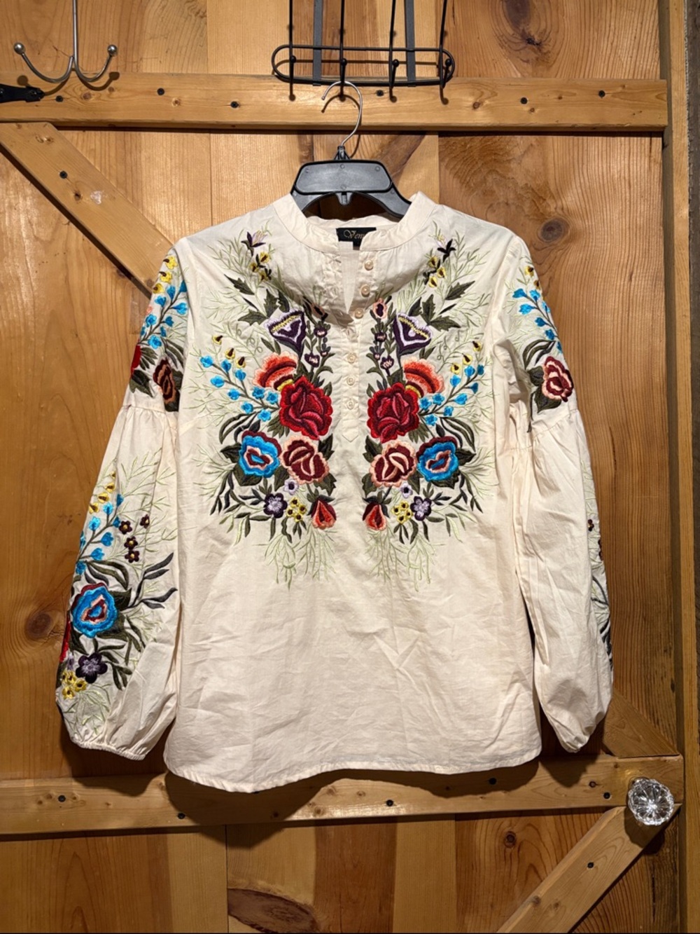 VENUS Cream Embroidered Peasant Blouse with Red, Blue & Purple Florals